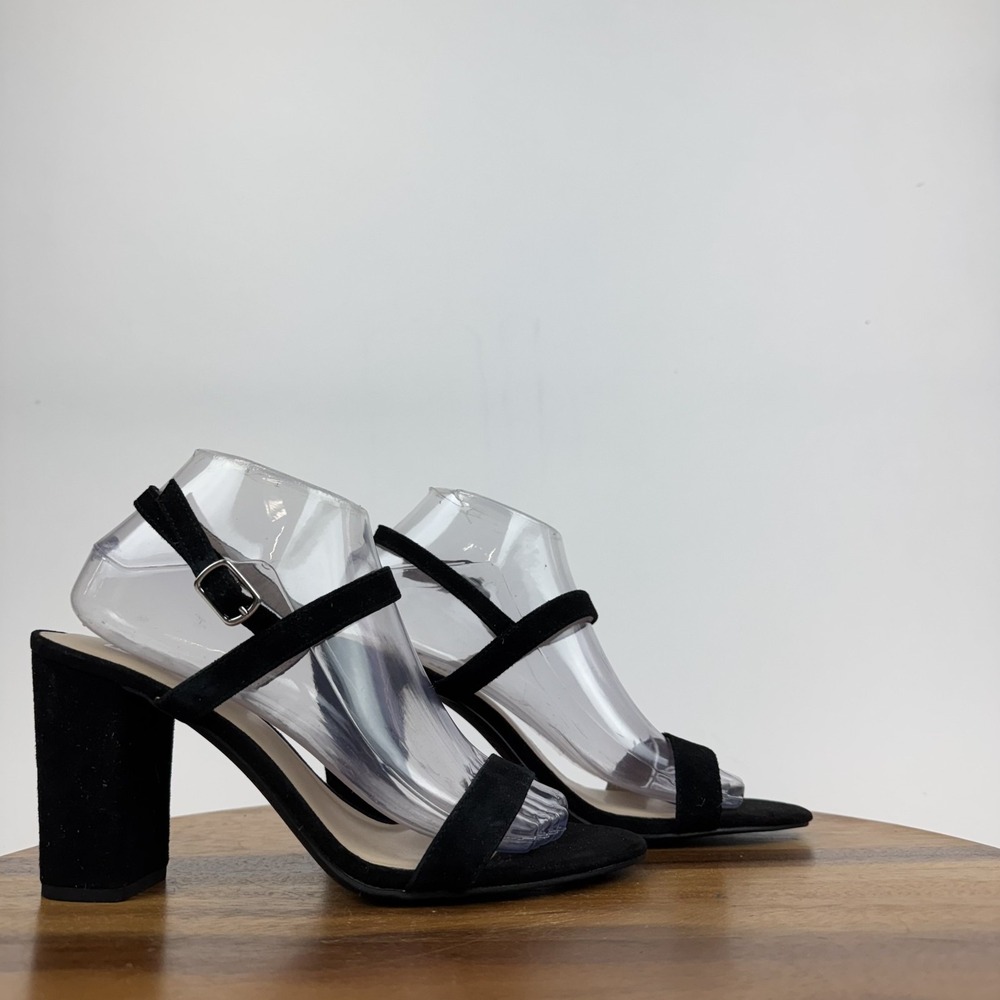 New NWOB‎ Womens BP Lula Black Faux Suede Slingback Block Heels Sandals Size 9.5
